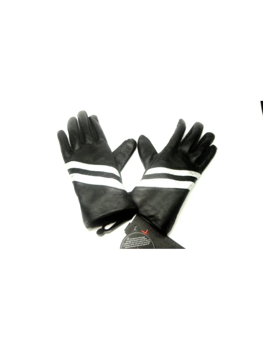 UR Powered Womens Tech Leather Gloves Touch Compatible Black Metallic Stripe S/M